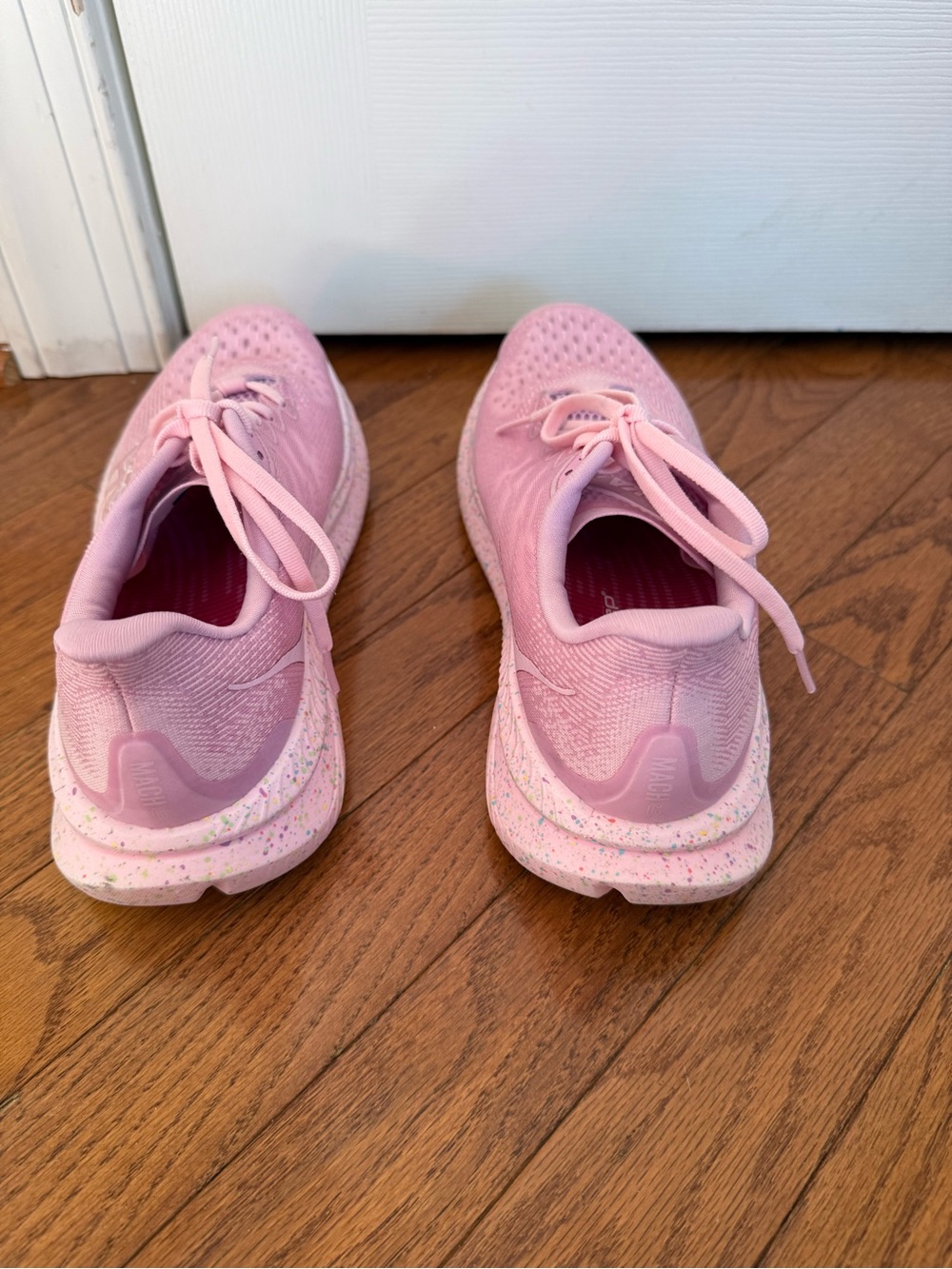 Hoka Women's Mach 6 Pink Running Shoes with Yellow Toe Accents - Picture 2 of 7